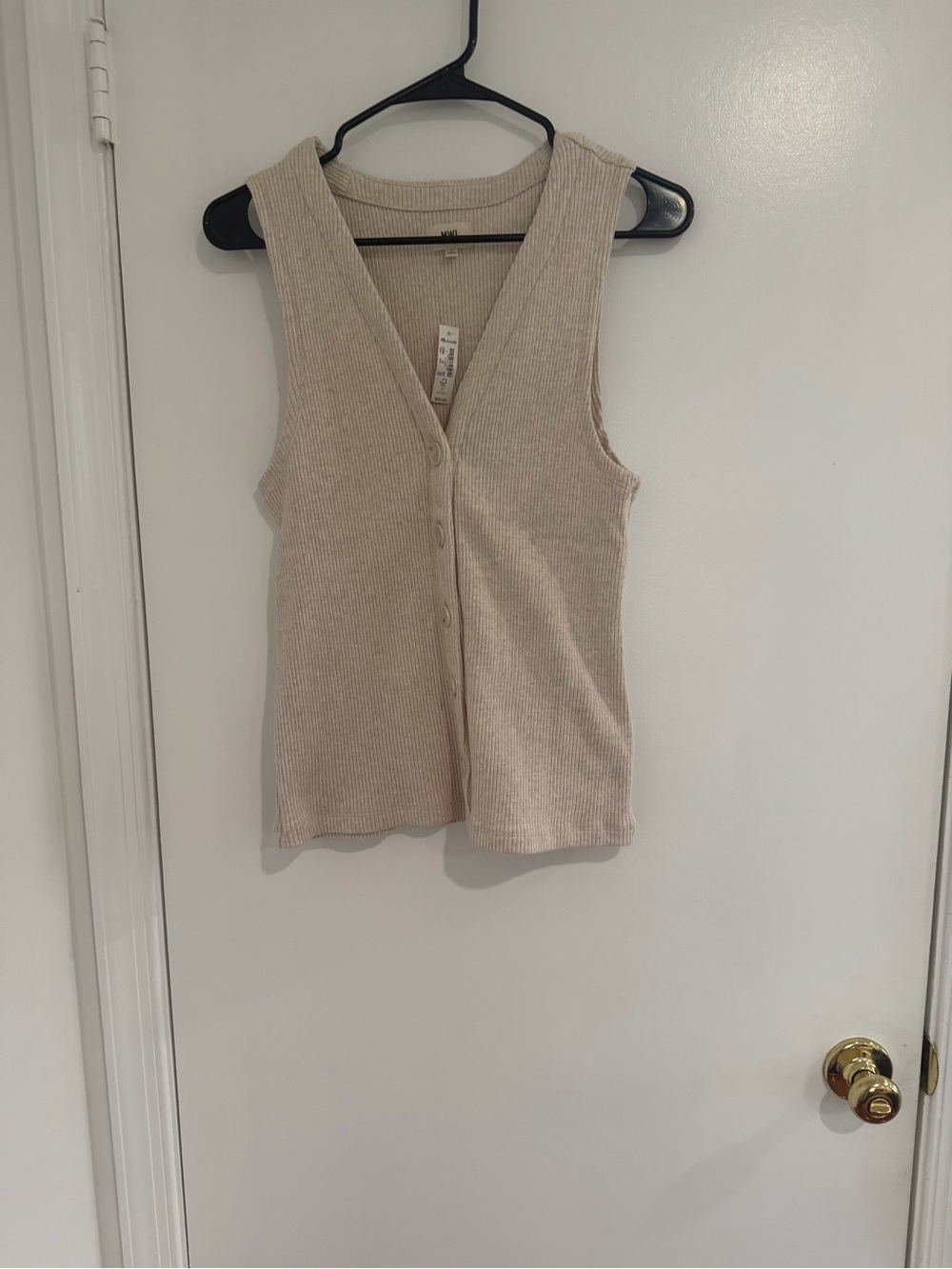 MWL Madewell Rezdora Ribbed Button Front Vest Beige Sleeveless Knit Top L - NWT